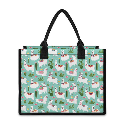 Cute Cactus And Llama Pattern Print Canvas Tote Bag
