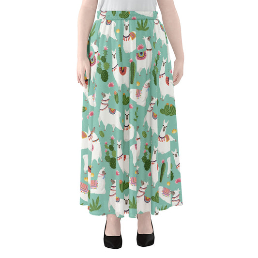 Cute Cactus And Llama Pattern Print Chiffon Maxi Skirt
