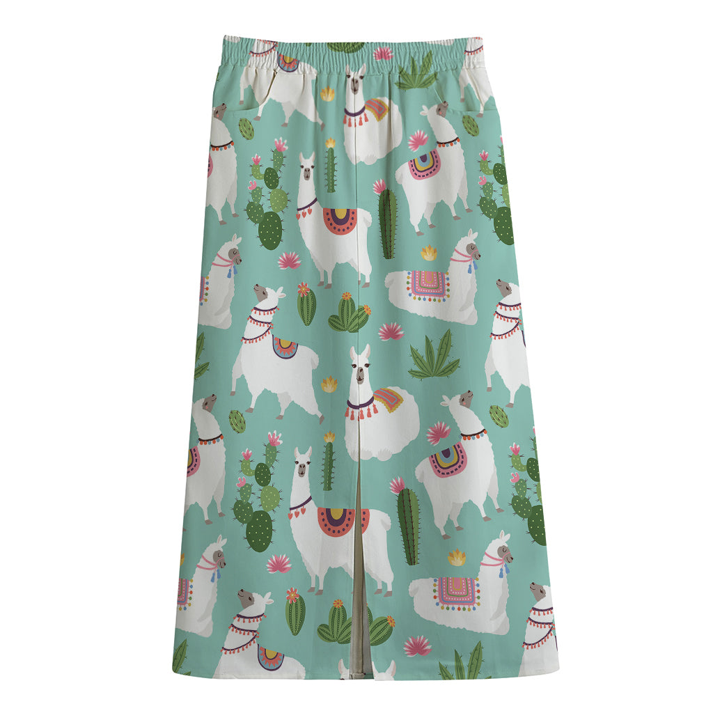 Cute Cactus And Llama Pattern Print Cotton Front Slit Maxi Skirt