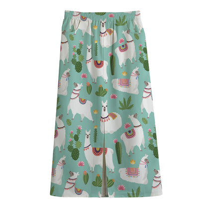 Cute Cactus And Llama Pattern Print Cotton Front Slit Maxi Skirt