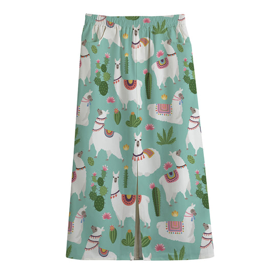 Cute Cactus And Llama Pattern Print Cotton Front Slit Maxi Skirt