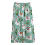 Cute Cactus And Llama Pattern Print Cotton Front Slit Maxi Skirt