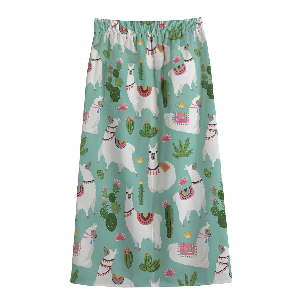 Cute Cactus And Llama Pattern Print Cotton Front Slit Maxi Skirt