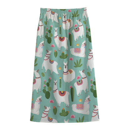 Cute Cactus And Llama Pattern Print Cotton Front Slit Maxi Skirt