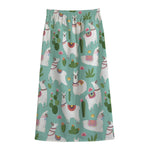 Cute Cactus And Llama Pattern Print Cotton Front Slit Maxi Skirt