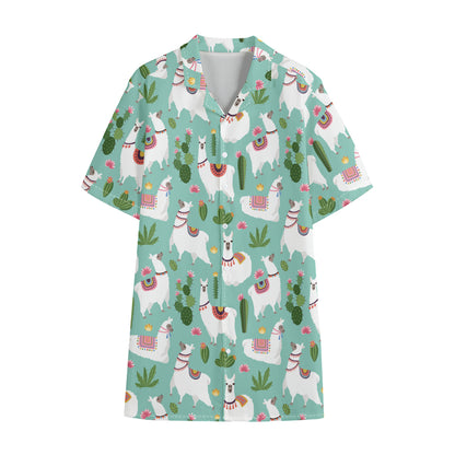 Cute Cactus And Llama Pattern Print Cotton Hawaiian Shirt