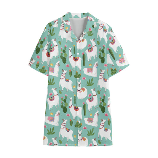 Cute Cactus And Llama Pattern Print Cotton Hawaiian Shirt