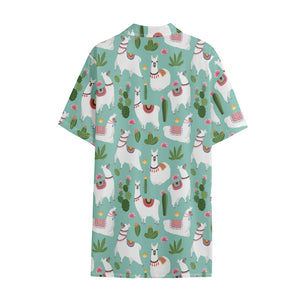 Cute Cactus And Llama Pattern Print Cotton Hawaiian Shirt