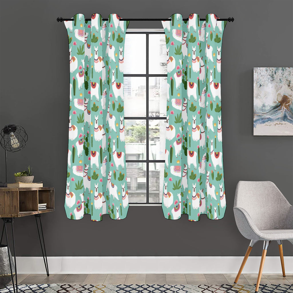 Cute Cactus And Llama Pattern Print Curtain
