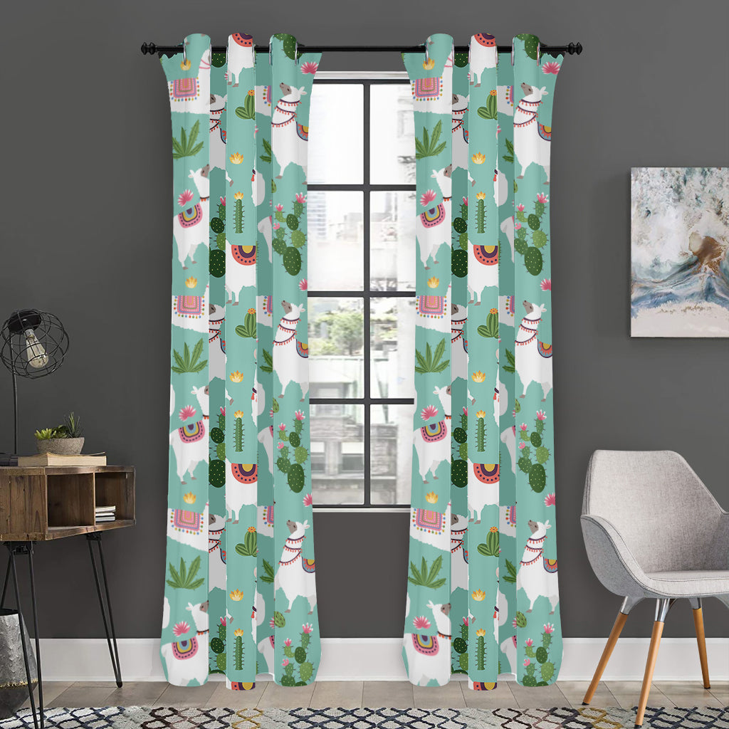 Cute Cactus And Llama Pattern Print Curtain