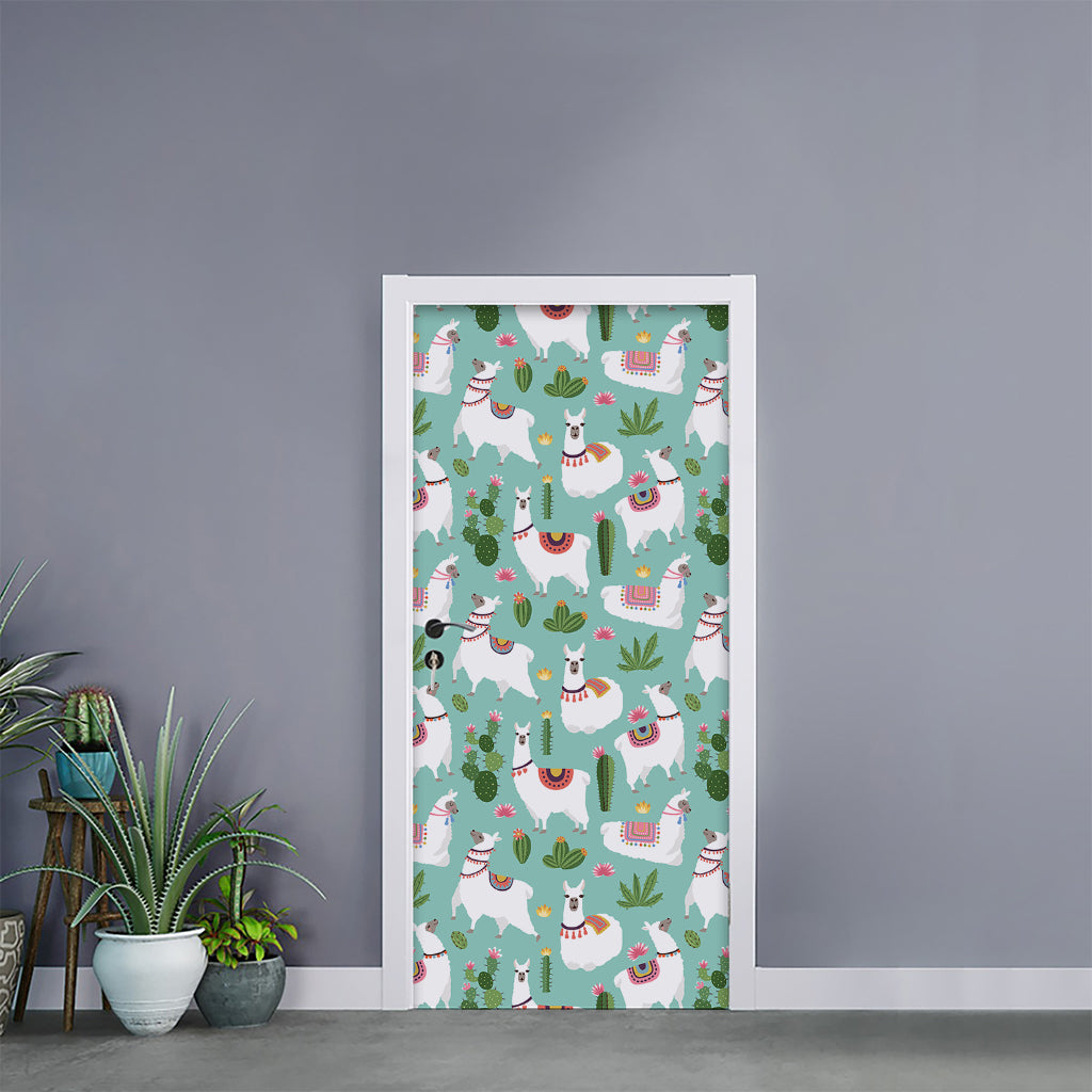 Cute Cactus And Llama Pattern Print Door Sticker