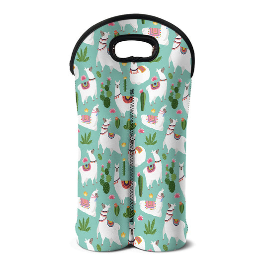 Cute Cactus And Llama Pattern Print Double Neoprene Wine Tote