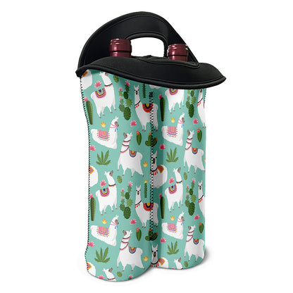 Cute Cactus And Llama Pattern Print Double Neoprene Wine Tote