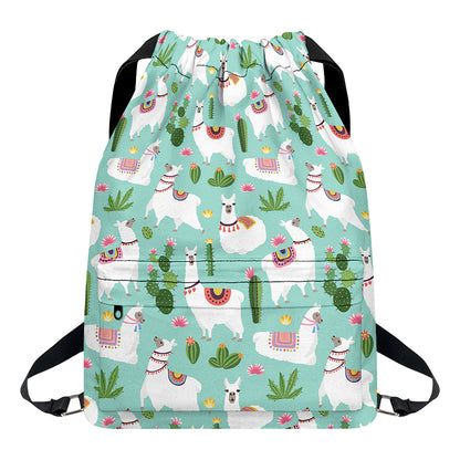 Cute Cactus And Llama Pattern Print Drawstring Backpack