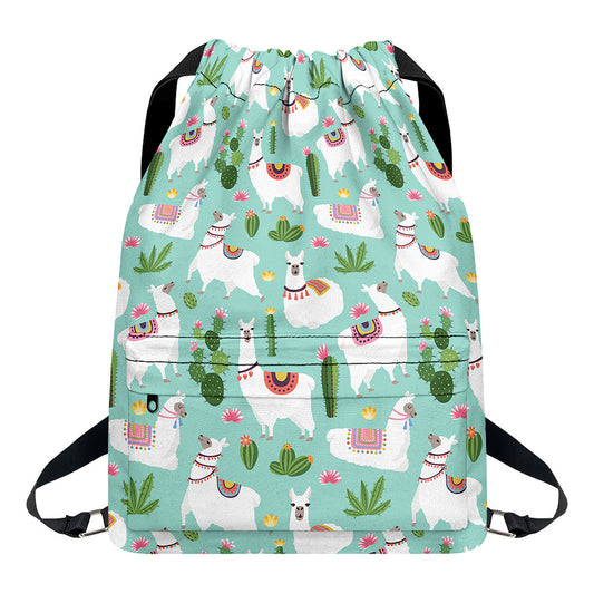 Cute Cactus And Llama Pattern Print Drawstring Backpack
