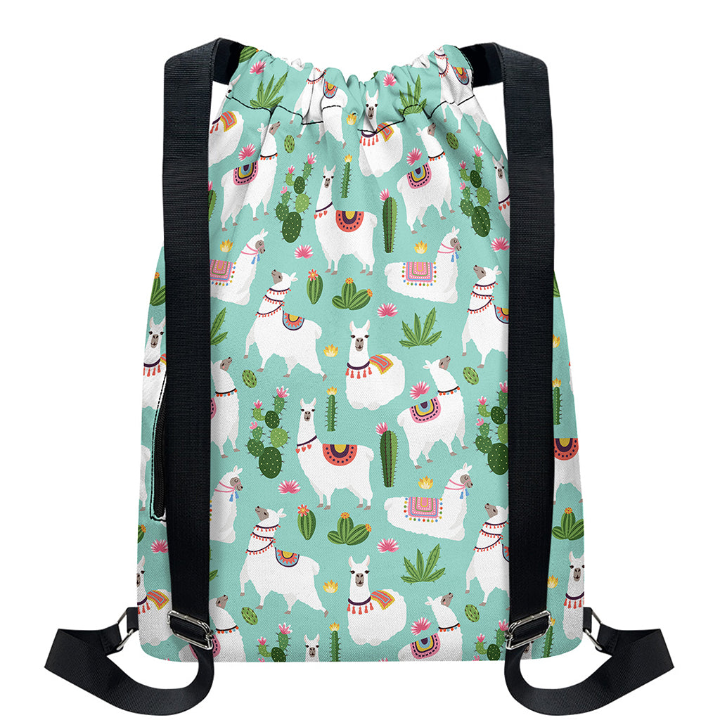 Cute Cactus And Llama Pattern Print Drawstring Backpack
