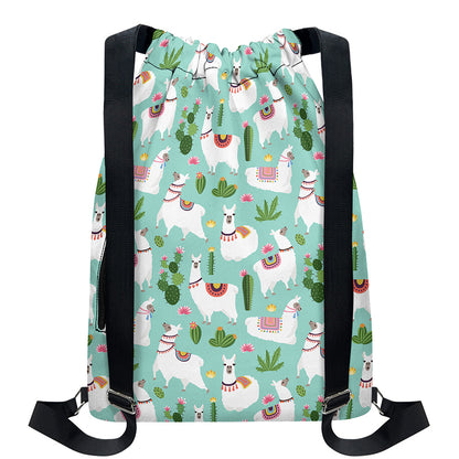 Cute Cactus And Llama Pattern Print Drawstring Backpack