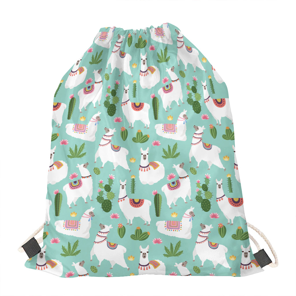 Cute Cactus And Llama Pattern Print Drawstring Bag