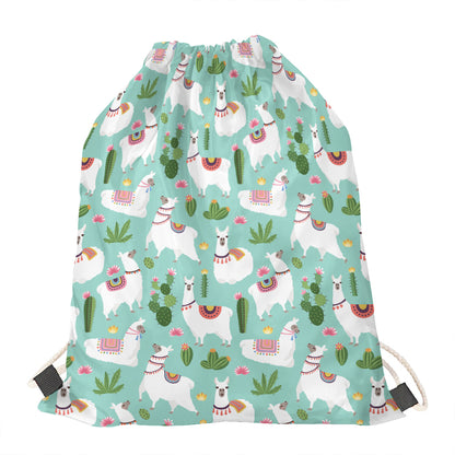Cute Cactus And Llama Pattern Print Drawstring Bag