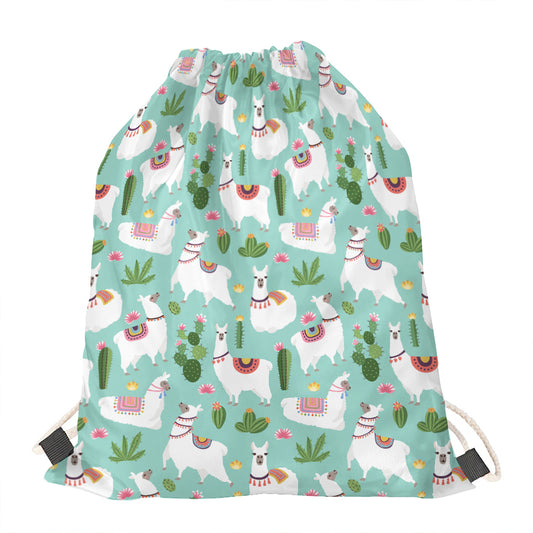 Cute Cactus And Llama Pattern Print Drawstring Bag