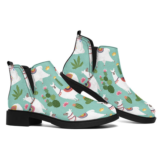 Cute Cactus And Llama Pattern Print Flat Ankle Boots
