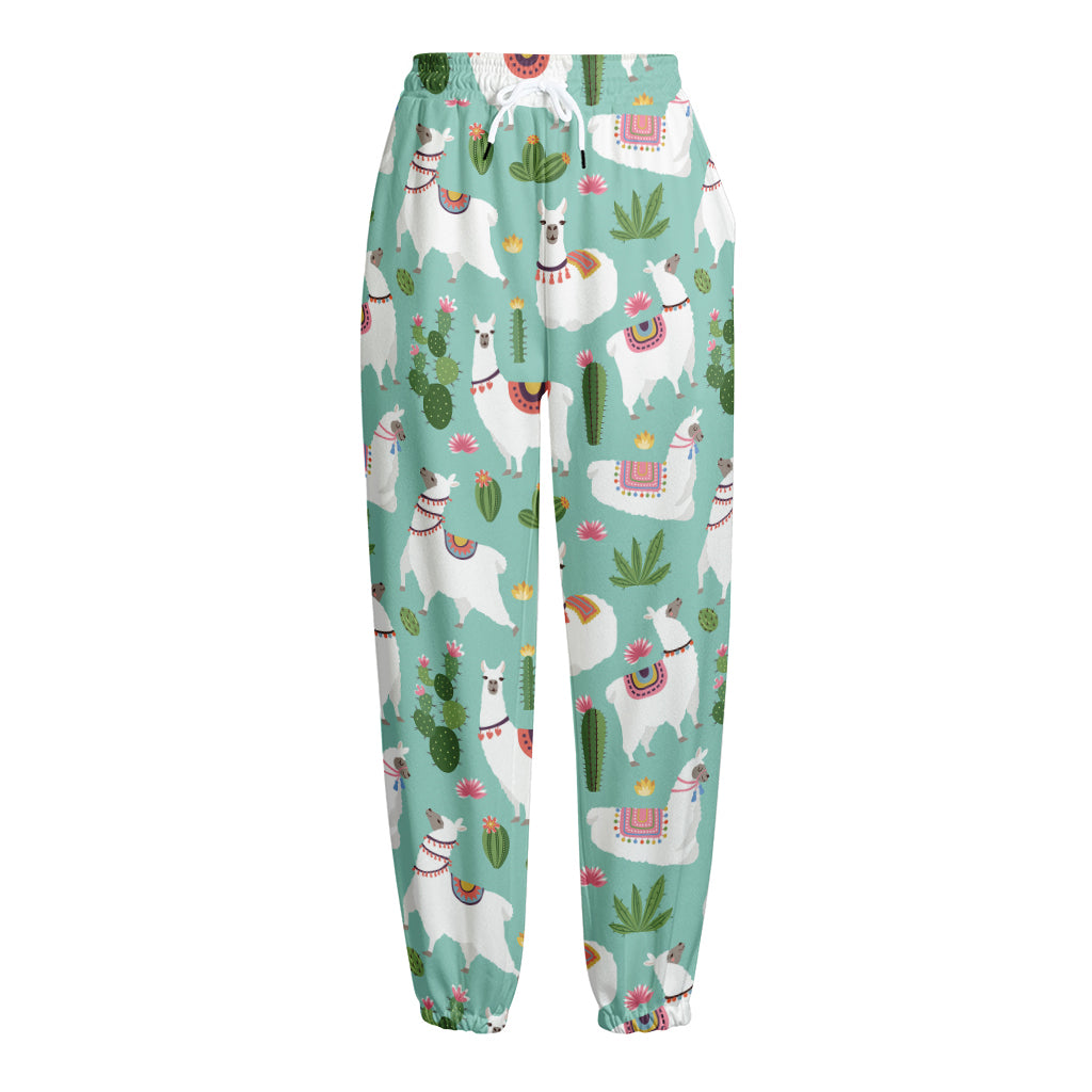Cute Cactus And Llama Pattern Print Fleece Lined Knit Pants