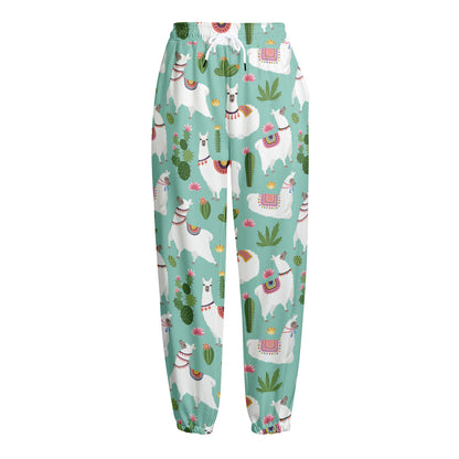 Cute Cactus And Llama Pattern Print Fleece Lined Knit Pants