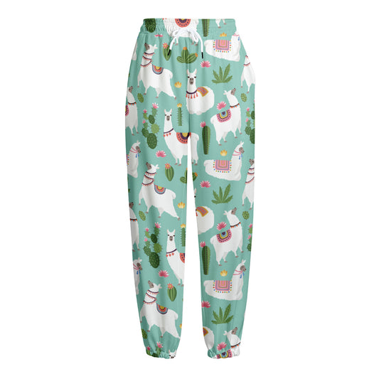Cute Cactus And Llama Pattern Print Fleece Lined Knit Pants