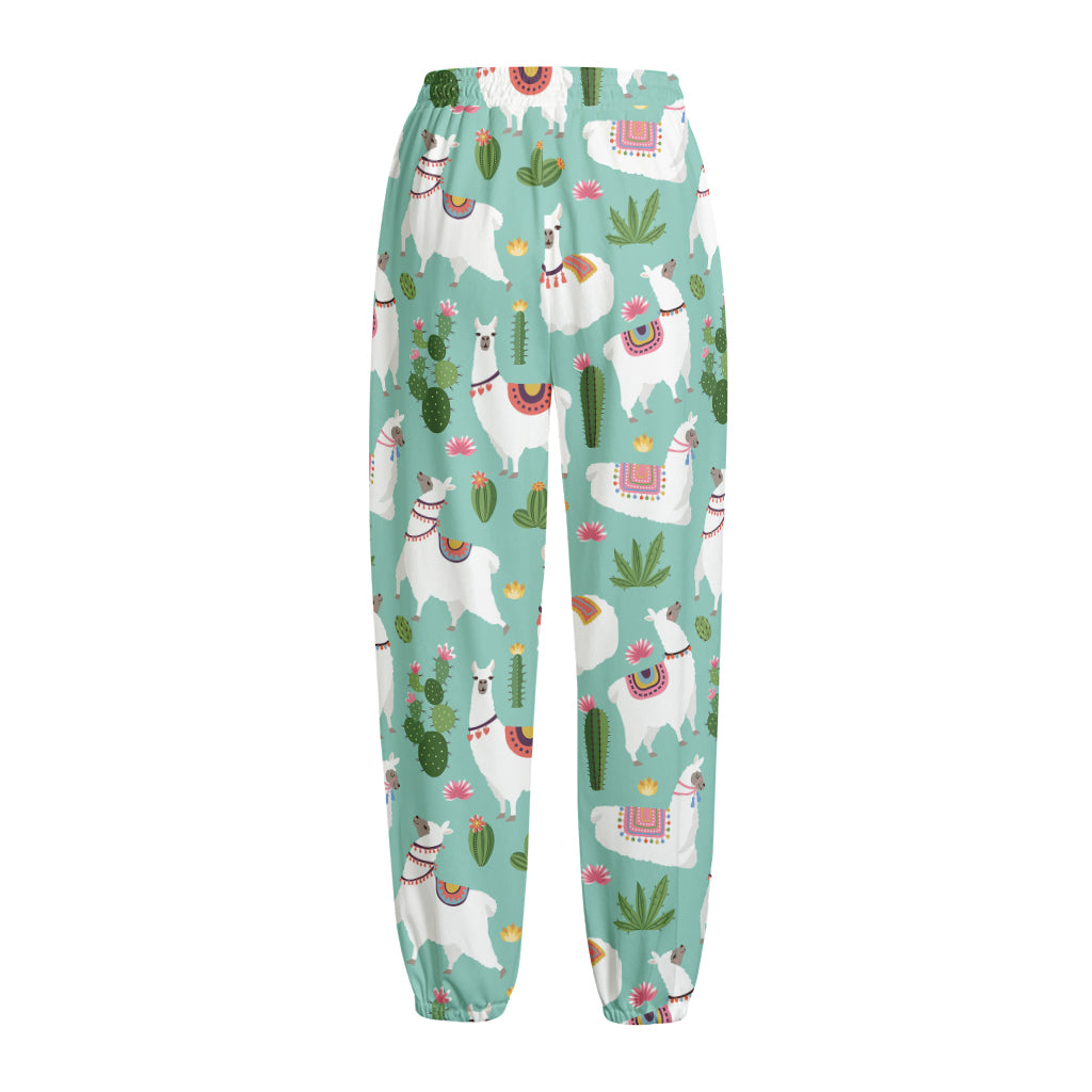 Cute Cactus And Llama Pattern Print Fleece Lined Knit Pants
