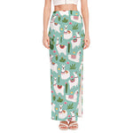 Cute Cactus And Llama Pattern Print High Slit Maxi Skirt