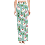 Cute Cactus And Llama Pattern Print High Slit Maxi Skirt