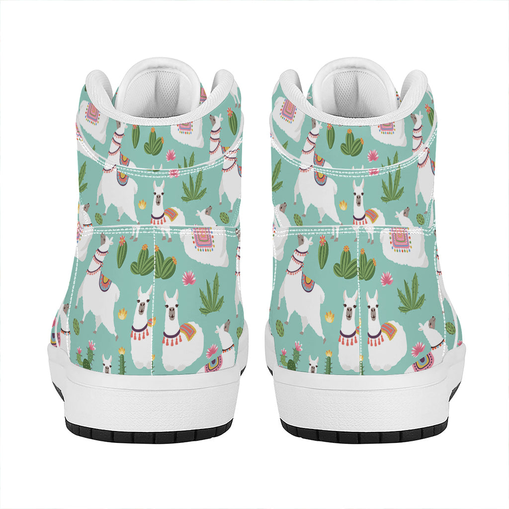 Cute Cactus And Llama Pattern Print High Top Leather Sneakers