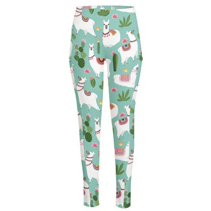 Cute Cactus And Llama Pattern Print High-Waisted Pocket Leggings