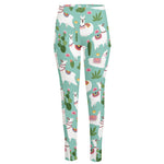 Cute Cactus And Llama Pattern Print High-Waisted Pocket Leggings