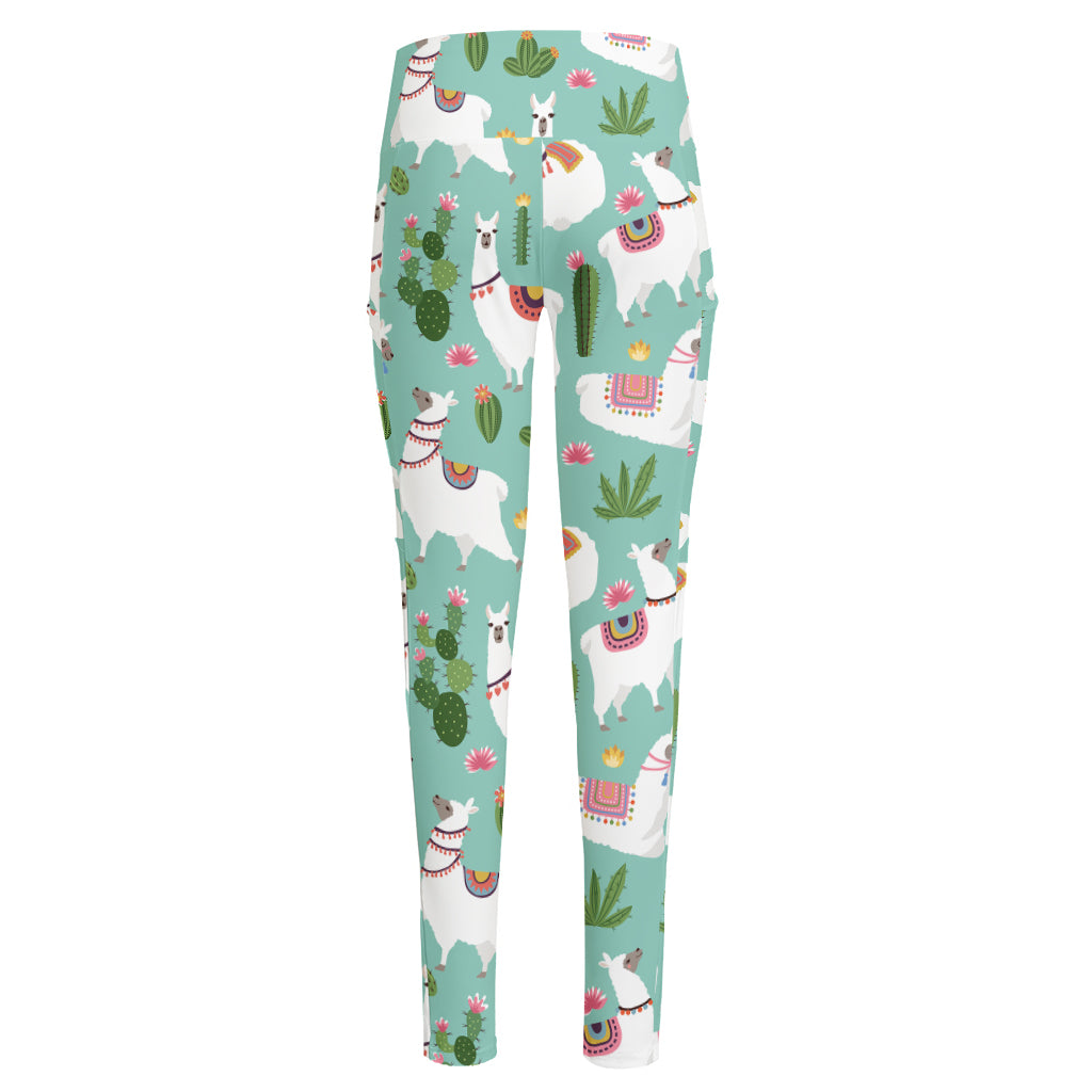 Cute Cactus And Llama Pattern Print High-Waisted Pocket Leggings