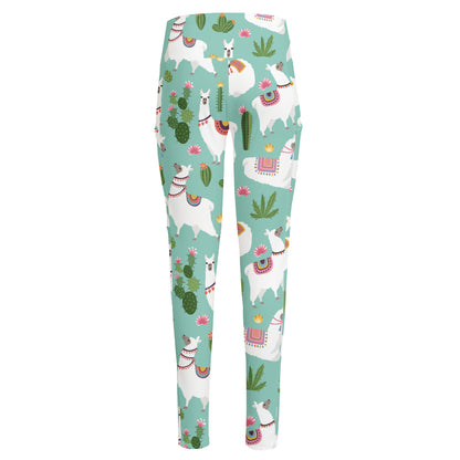 Cute Cactus And Llama Pattern Print High-Waisted Pocket Leggings