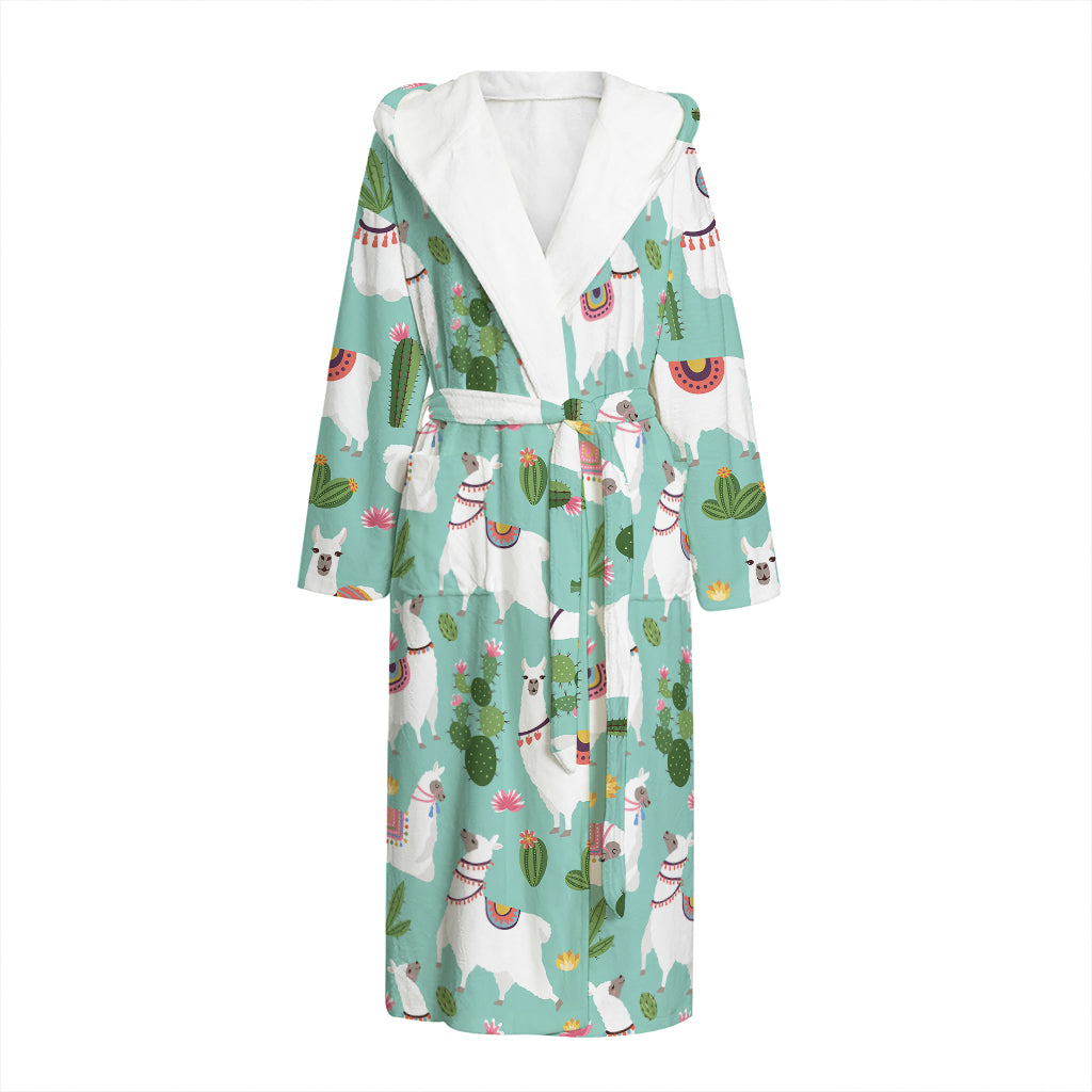 Cute Cactus And Llama Pattern Print Hooded Bathrobe