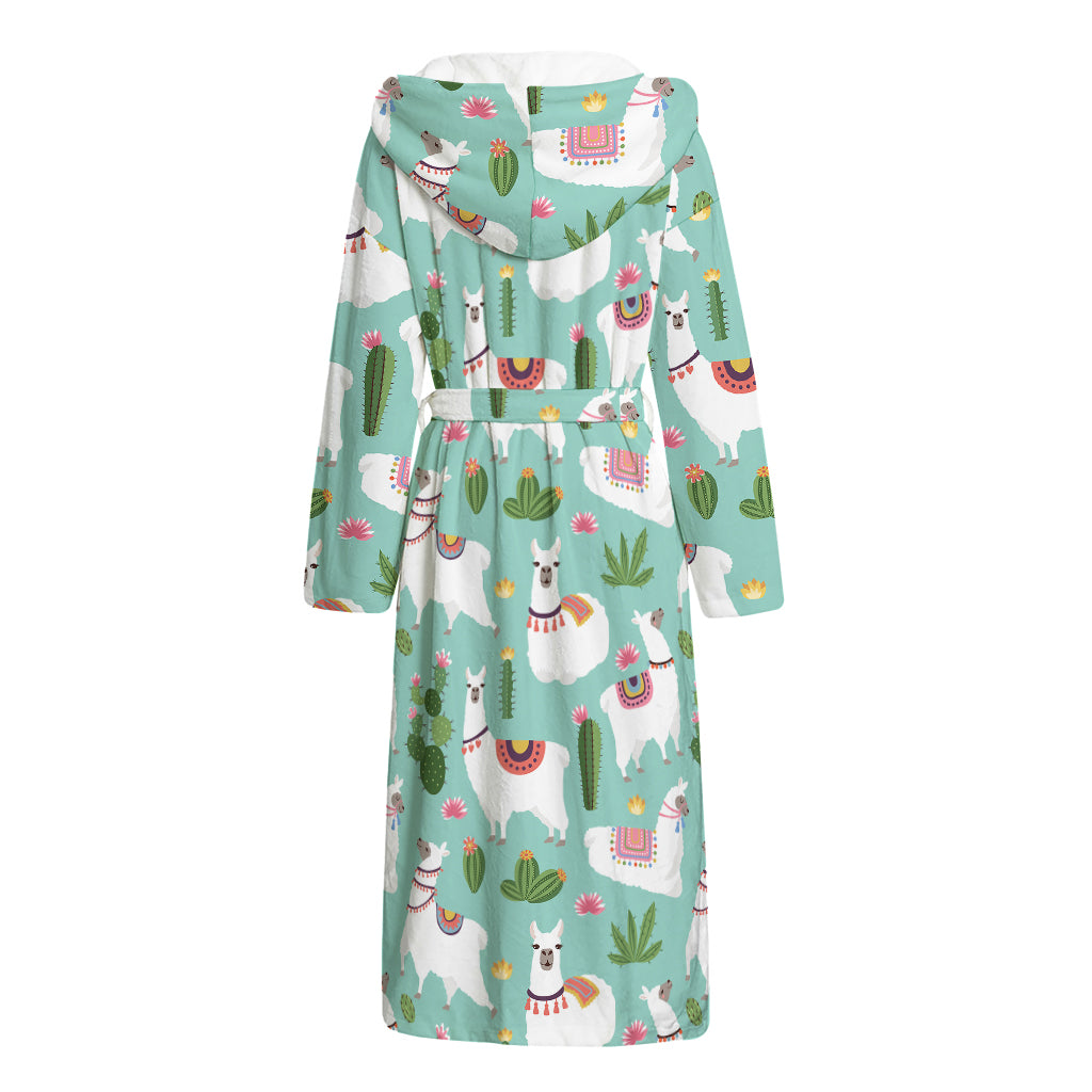 Cute Cactus And Llama Pattern Print Hooded Bathrobe