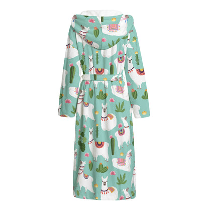 Cute Cactus And Llama Pattern Print Hooded Bathrobe