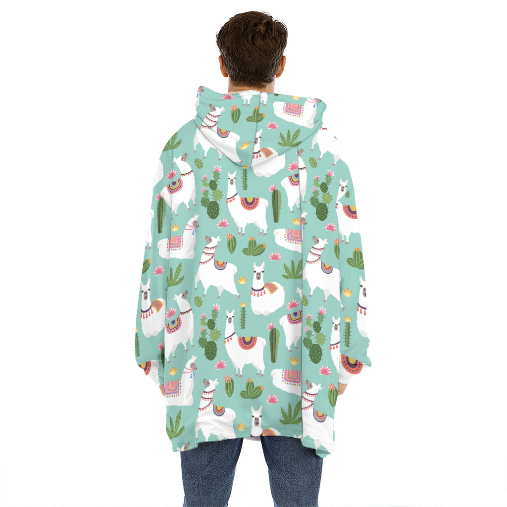 Cute Cactus And Llama Pattern Print Hoodie Blanket