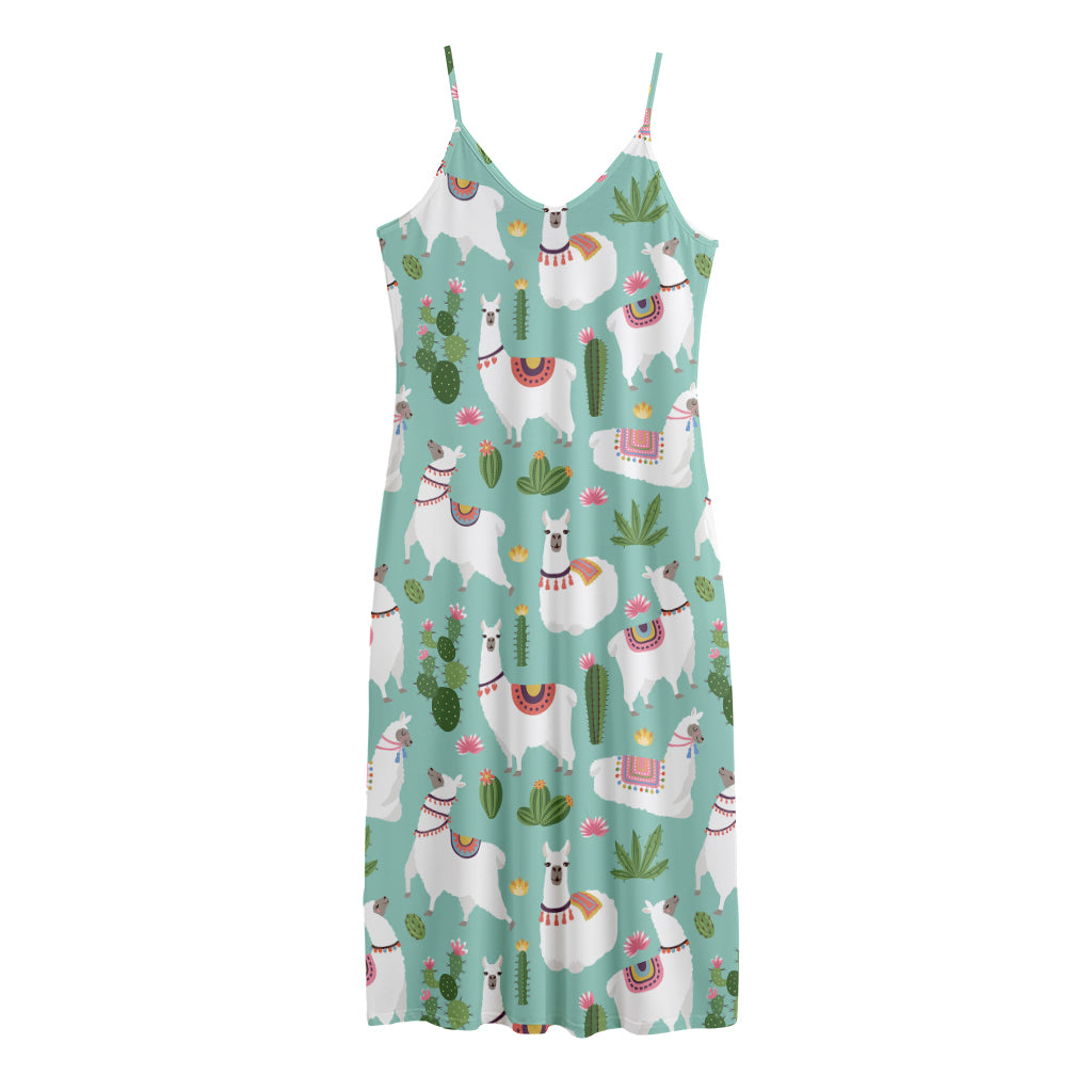 Cute Cactus And Llama Pattern Print Jersey Midi Cami Dress