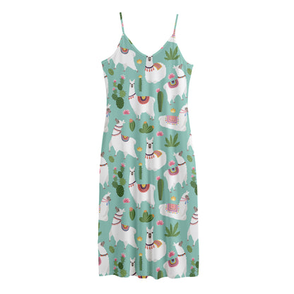 Cute Cactus And Llama Pattern Print Jersey Midi Cami Dress