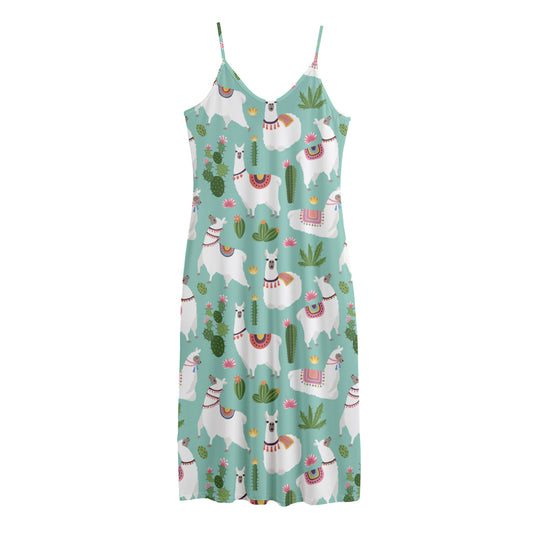 Cute Cactus And Llama Pattern Print Jersey Midi Cami Dress