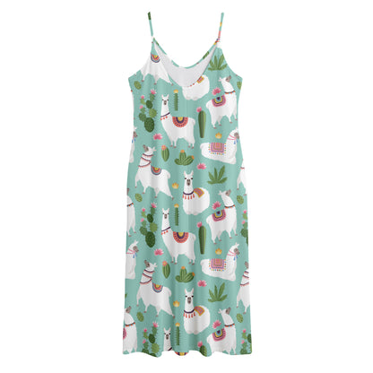 Cute Cactus And Llama Pattern Print Jersey Midi Cami Dress