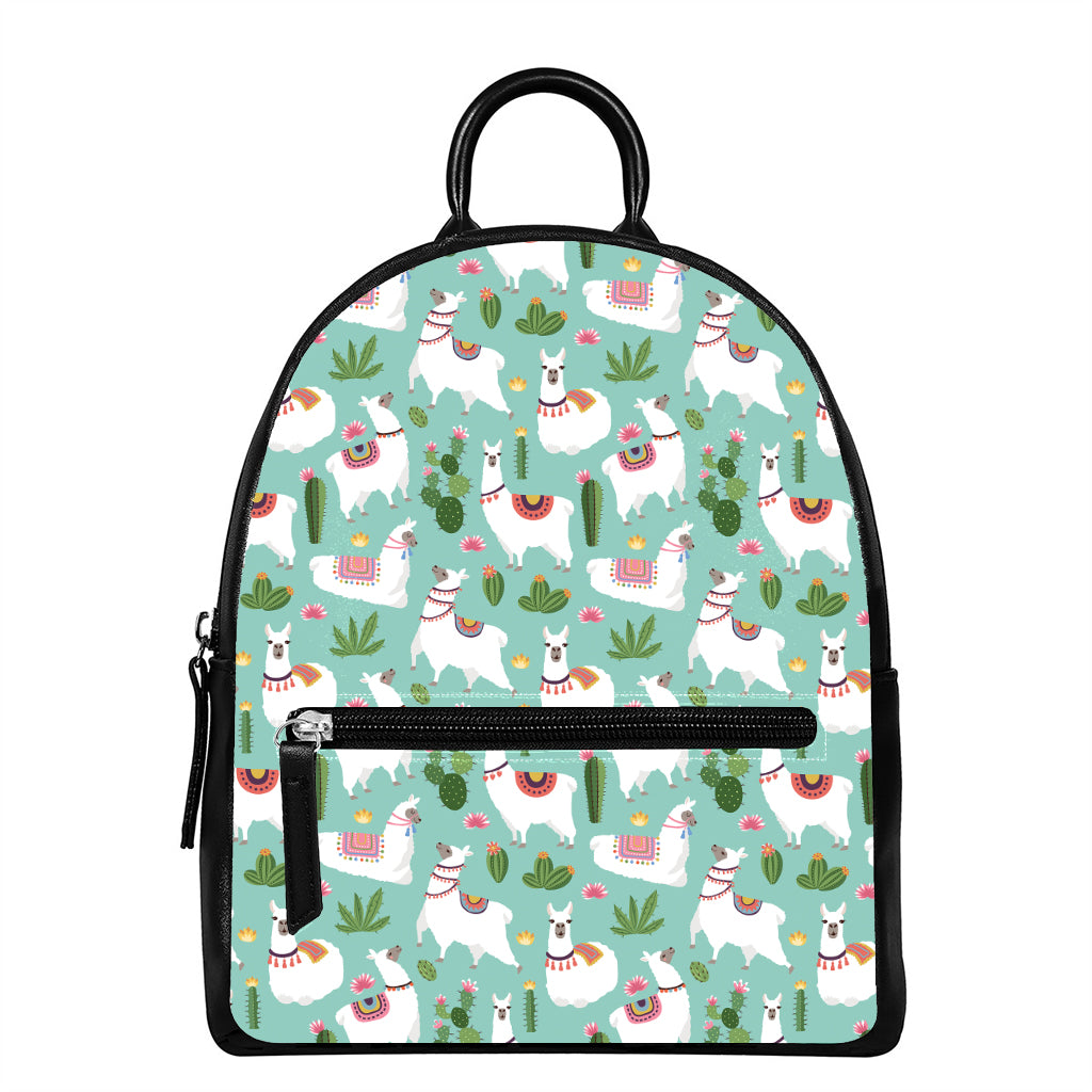 Cute Cactus And Llama Pattern Print Leather Backpack