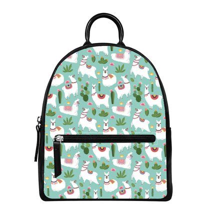 Cute Cactus And Llama Pattern Print Leather Backpack