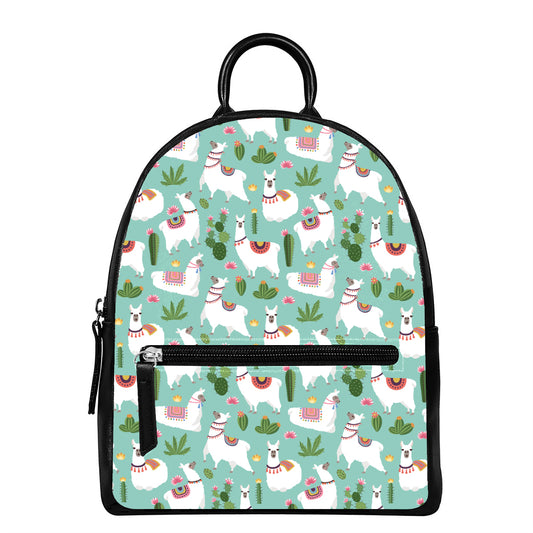 Cute Cactus And Llama Pattern Print Leather Backpack