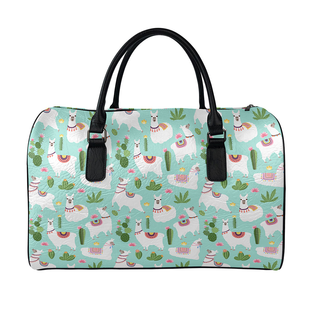 Cute Cactus And Llama Pattern Print Leather Duffle Bag