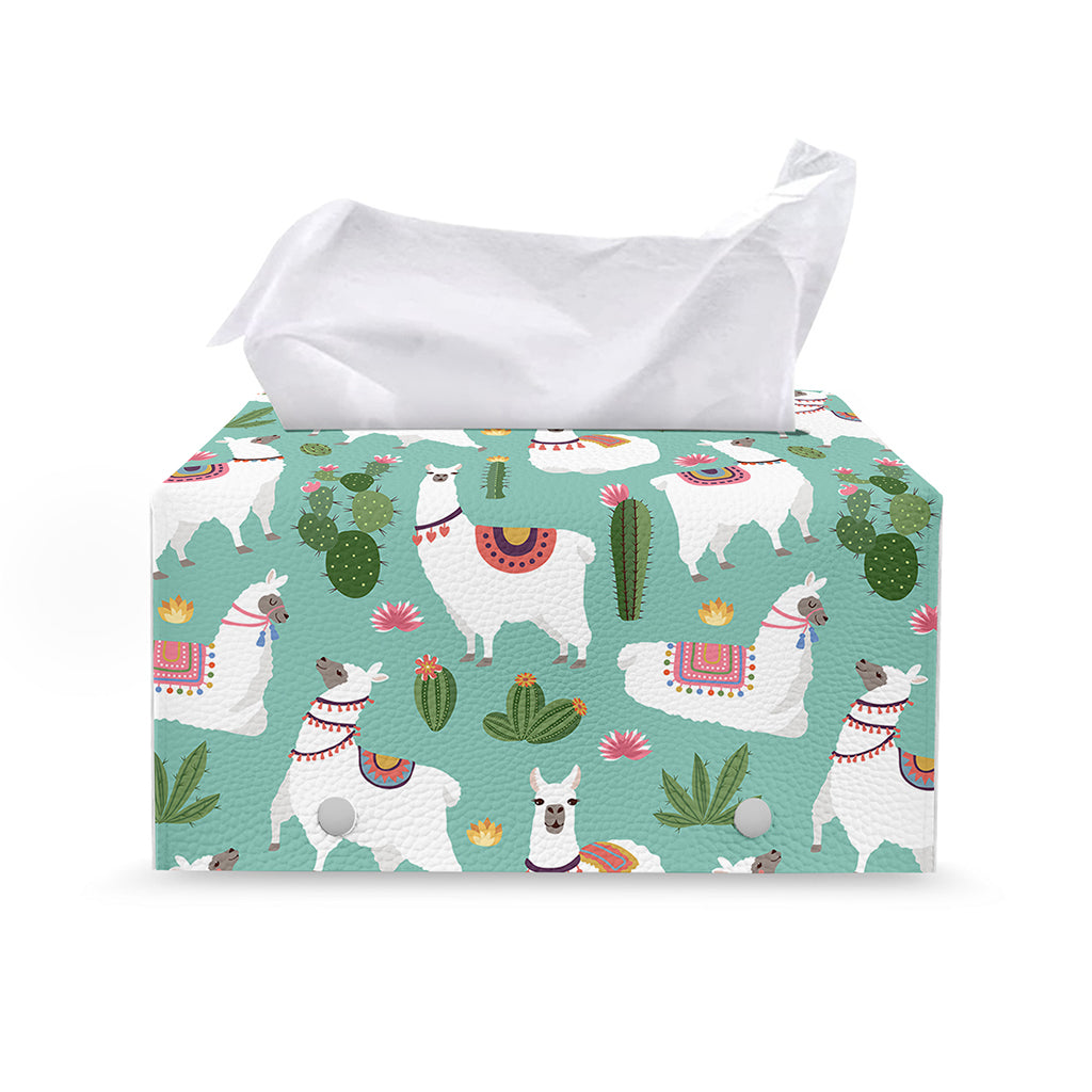 Cute Cactus And Llama Pattern Print Leather Tissue Box Cover