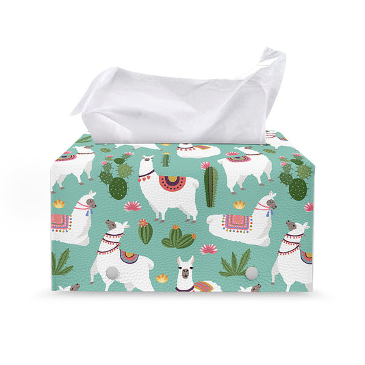 Cute Cactus And Llama Pattern Print Leather Tissue Box Cover